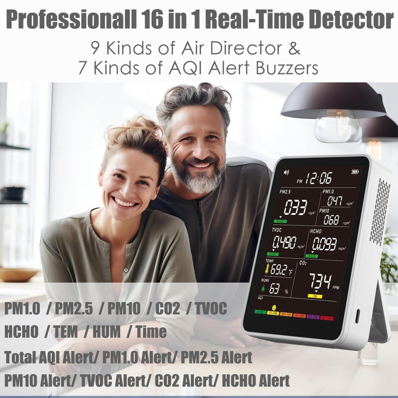 AQItech Professional Indoor Air Quality Monitor with AQI Alarms, Portable Real-Time Detector for Home Cars Plants and Pets (Snow White) - Image 2