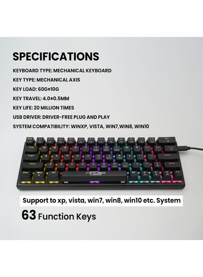 لوحة مفاتيح الألعاب الميكانيكية MIKUSO XK-63، 63 مفتاحًا، سلكية USB من النوع C، إضاءة خلفية متعددة الألوان، مفاتيح محور ميكانيكية، توصيل وتشغيل بدون تعريف، لوحة مفاتيح صغيرة الحجم 60% لأجهزة الكمبيوتر المكتبية والمحمولة (5 فولت) - Image 3
