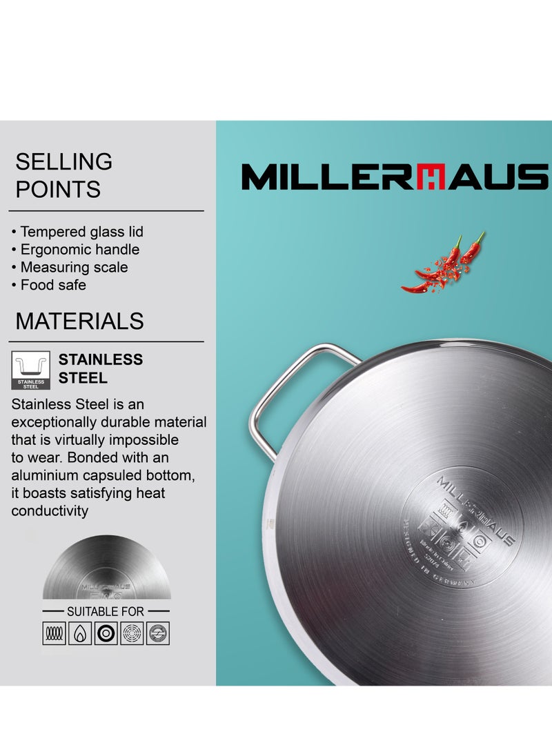 MILLERHAUS Millerhaus Casserole Ø24X12Cm S/S Induction With Lid, Casserole With Lid - Stainless Steel - Ø24X12Cm  - Induction - Shiny And Matt - Straight Shape - Measuring Scale - Welded Wire Handle And Knob , Exceptional Durability and Strength Stainless steel body with Glass Lid  - Image 5