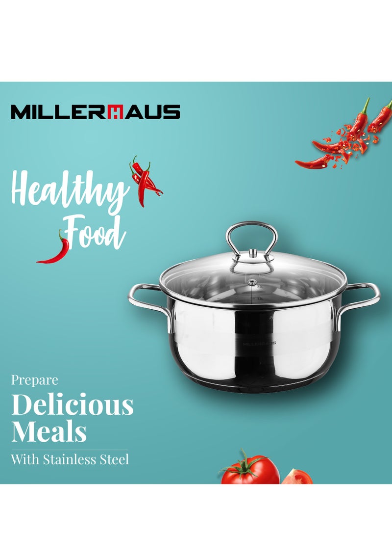 MILLERHAUS Millerhaus Casserole Ø24X12Cm S/S Induction With Lid, Casserole With Lid - Stainless Steel - Ø24X12Cm  - Induction - Shiny And Matt - Straight Shape - Measuring Scale - Welded Wire Handle And Knob , Exceptional Durability and Strength Stainless steel body with Glass Lid  - Image 2