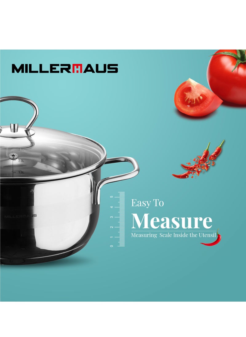 MILLERHAUS Millerhaus Casserole Ø24X12Cm S/S Induction With Lid, Casserole With Lid - Stainless Steel - Ø24X12Cm  - Induction - Shiny And Matt - Straight Shape - Measuring Scale - Welded Wire Handle And Knob , Exceptional Durability and Strength Stainless steel body with Glass Lid  - Image 3