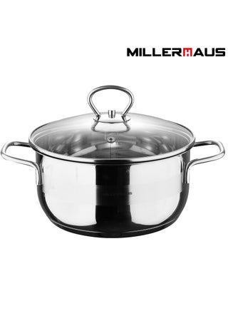 Millerhaus Casserole Ø24X12Cm S/S Induction With Lid, Casserole With Lid - Stainless Steel - Ø24X12Cm  - Induction - Shiny And Matt - Straight Shape - Measuring Scale - Welded Wire Handle And Knob , Exceptional Durability and Strength Stainless steel body with Glass Lid