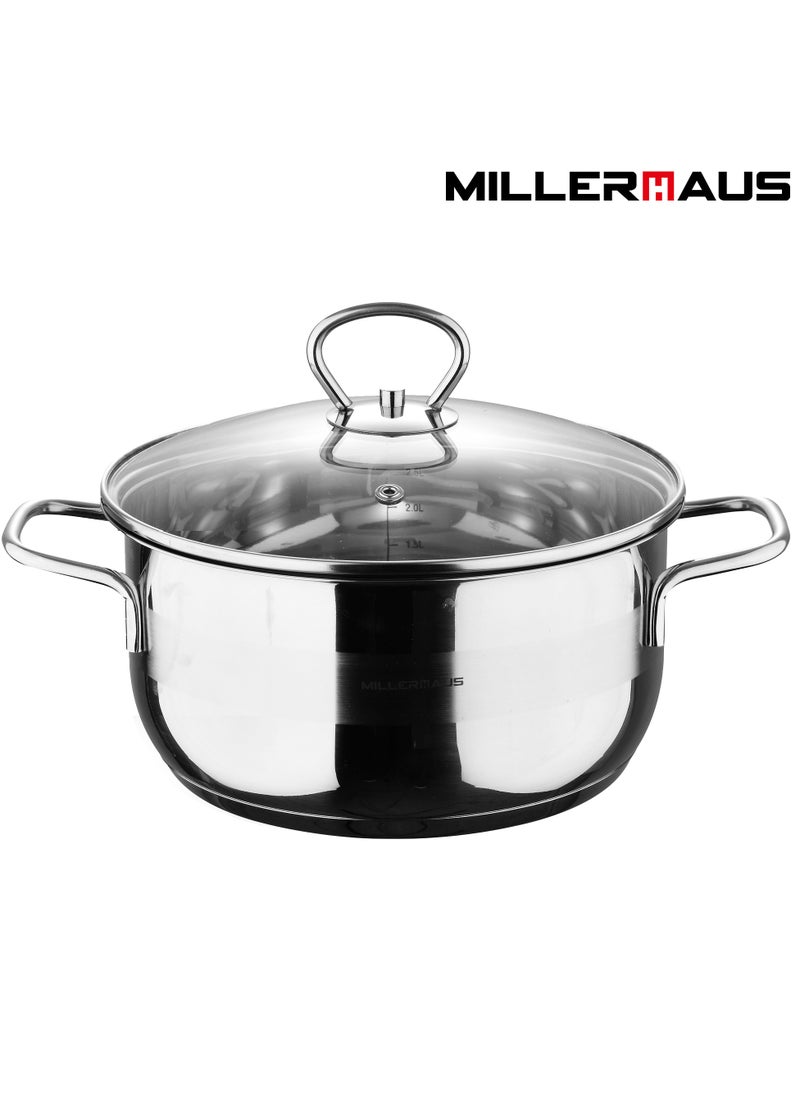 MILLERHAUS Millerhaus Casserole Ø24X12Cm S/S Induction With Lid, Casserole With Lid - Stainless Steel - Ø24X12Cm  - Induction - Shiny And Matt - Straight Shape - Measuring Scale - Welded Wire Handle And Knob , Exceptional Durability and Strength Stainless steel body with Glass Lid  - Image 1
