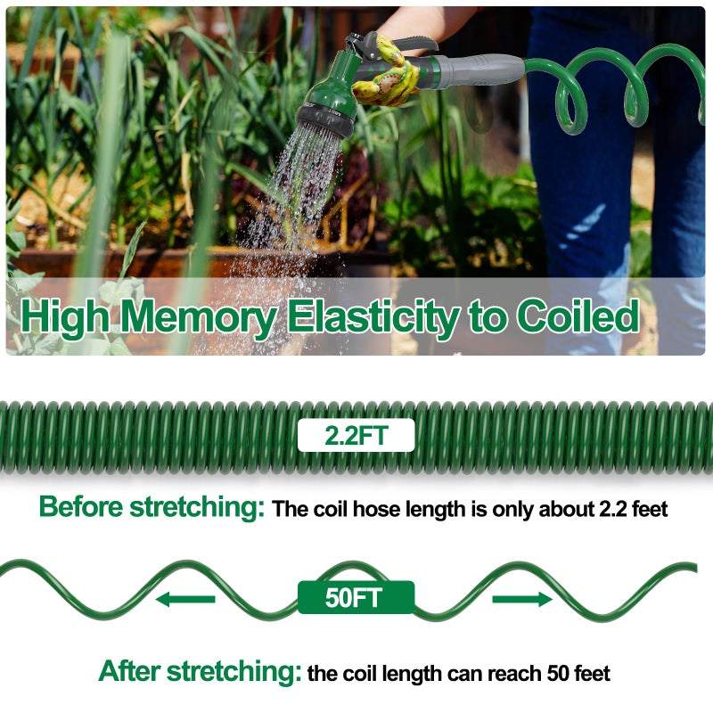SPECILITE 3/8" Lightweight Coil Garden Hose 50 FT, EVA Flexible Curly Water Pipes with 6-Pattern Spray Nozzle for Boat, Greenhouse, Yard, Patio, Green - Image 2