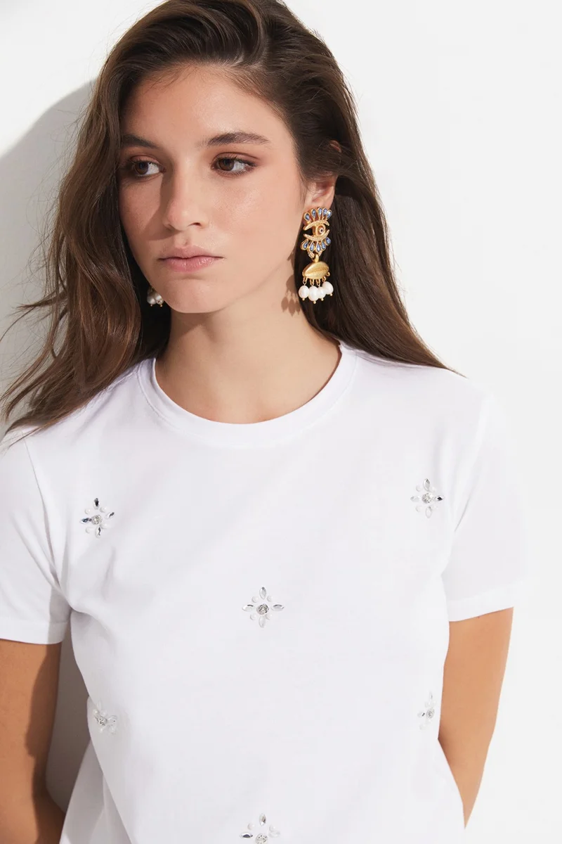 جون Stone Detailed 100% Cotton T-shirt