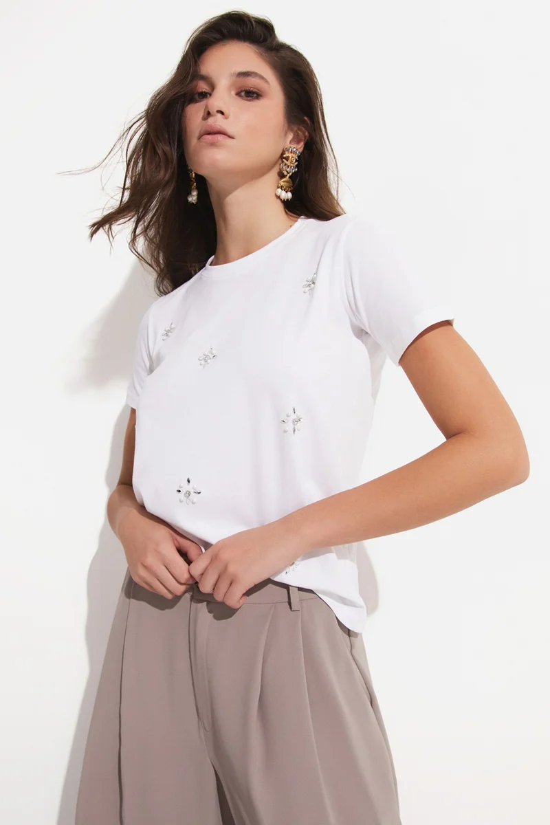 جون Stone Detailed 100% Cotton T-shirt
