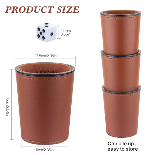 RERIVER FeltLined PU Leather Dice Cup Set 6 Quiet Shaker Cups With 36 Dice for Bar Party Yahtzee Farkle Games Dark Brown - Image 5