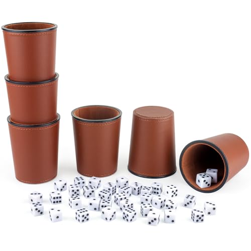 RERIVER FeltLined PU Leather Dice Cup Set 6 Quiet Shaker Cups With 36 Dice for Bar Party Yahtzee Farkle Games Dark Brown - Image 1