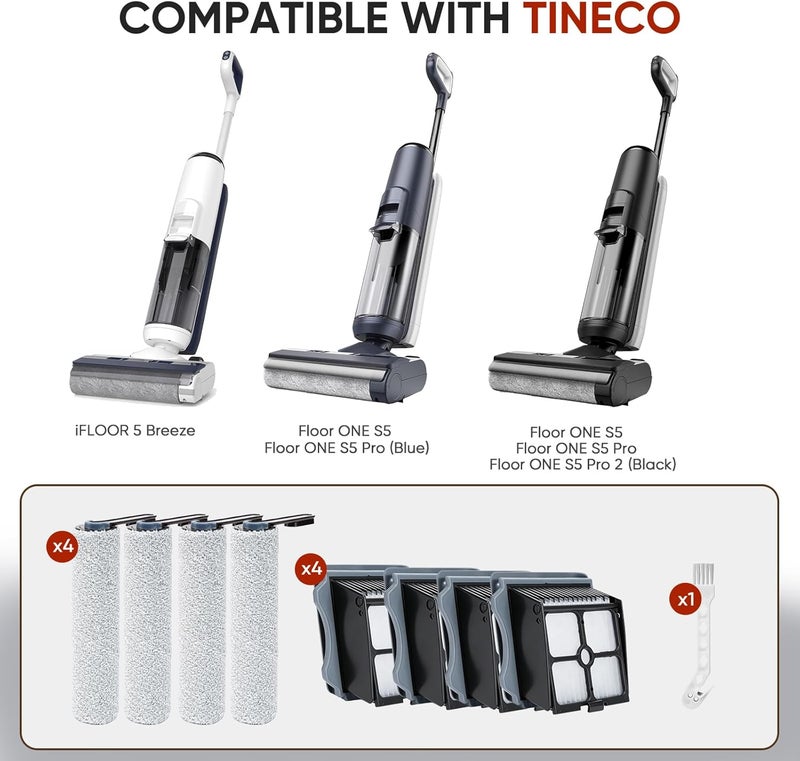 LBLVBNEWD بديل فرشاة الأسطوانة المتوافق مع مكنسة Tineco iFLOOR 5 Breeze/Floor ONE S5/Floor ONE S5 Pro للتنظيف الجاف والرطب، تشمل قطع الغيار 4 فرش أسطوانة و4 فلاتر و1 فرشاة تنظيف. - Image 2