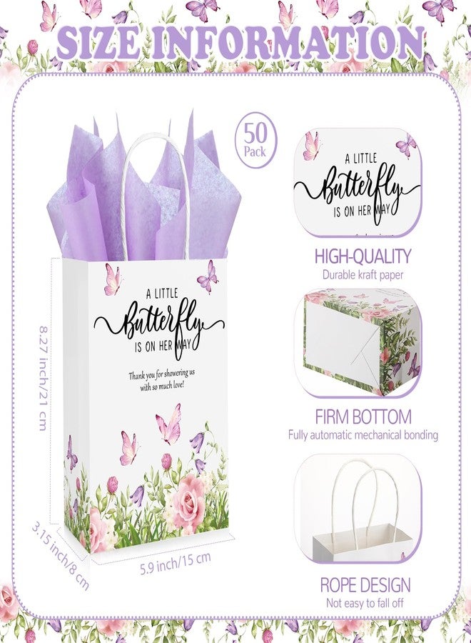 Engrowtic 50 Set Butterfly Baby Shower Party Gift Bags a Little Butterfly Is on Her Way Party Favors Purple Pink Floral Gift Bags with Handles for 50 Guests for Baby Shower Birthday Decorations - Image 2