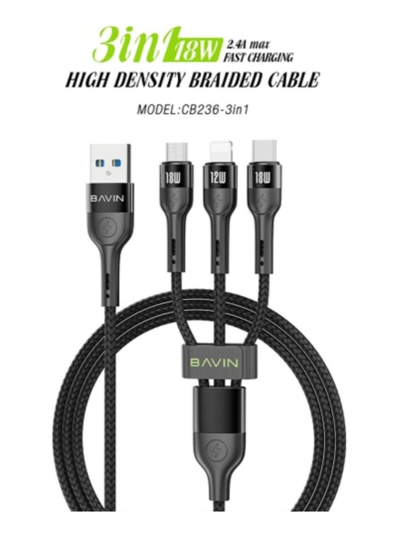 Bavin Fast Charging Nylon Braided 3 In 1 USB Cable 18W Black - Image 1