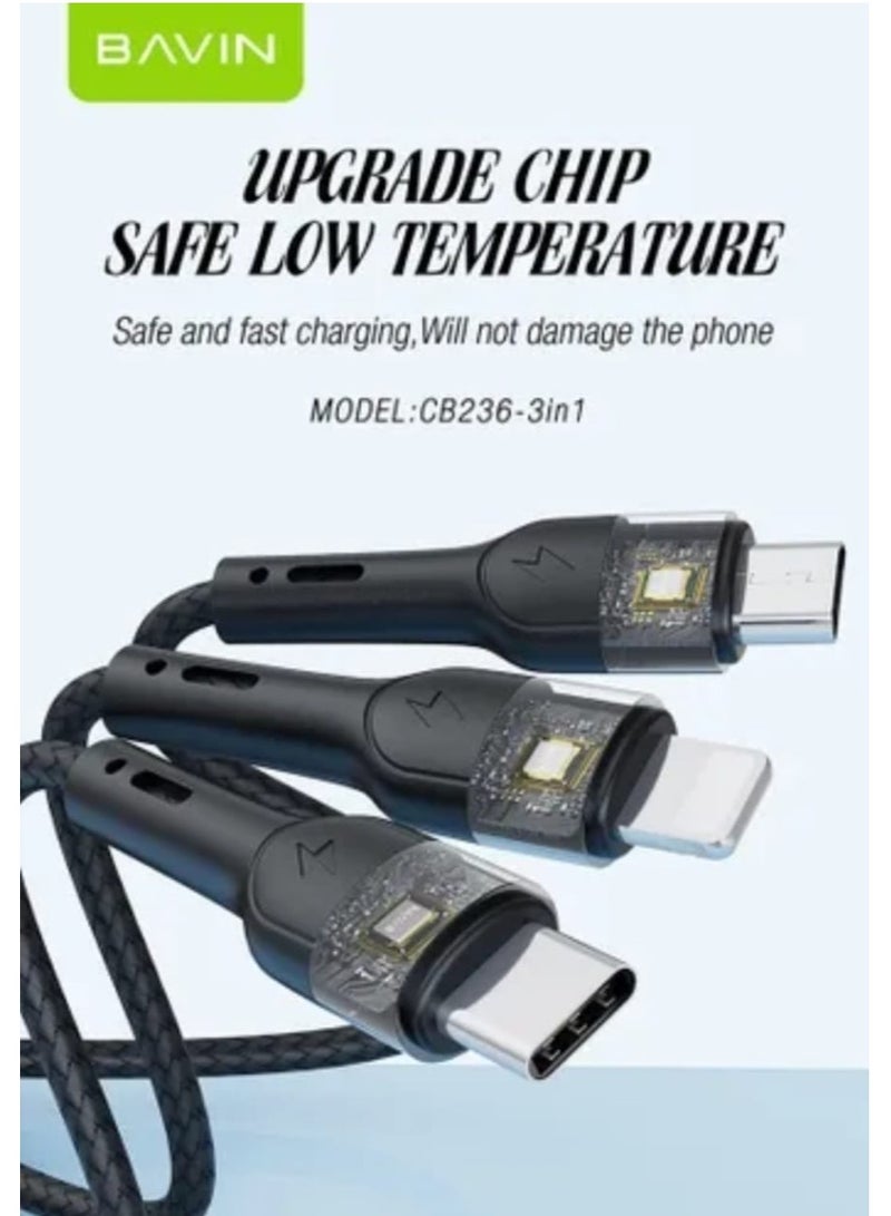 Bavin Fast Charging Nylon Braided 3 In 1 USB Cable 18W Black - Image 2