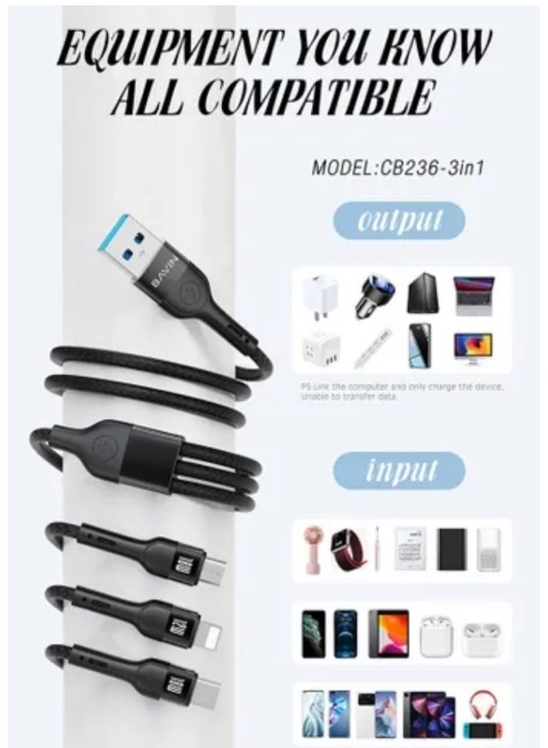 Bavin Fast Charging Nylon Braided 3 In 1 USB Cable 18W Black - Image 3