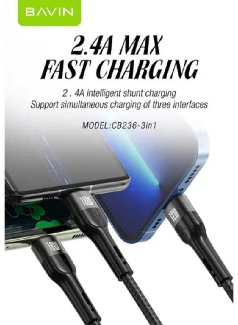 Bavin Fast Charging Nylon Braided 3 In 1 USB Cable 18W Black - Image 4