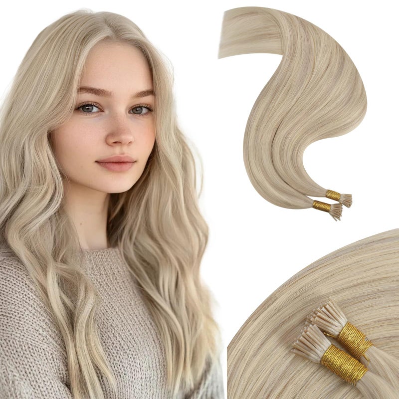 Moresoo I Tip Hair Extensions Human Hair Ash Blonde with Bleach Blonde I Tip Remy Human Hair Extensions Long Straight Add Length 40G 50S 22 Inch