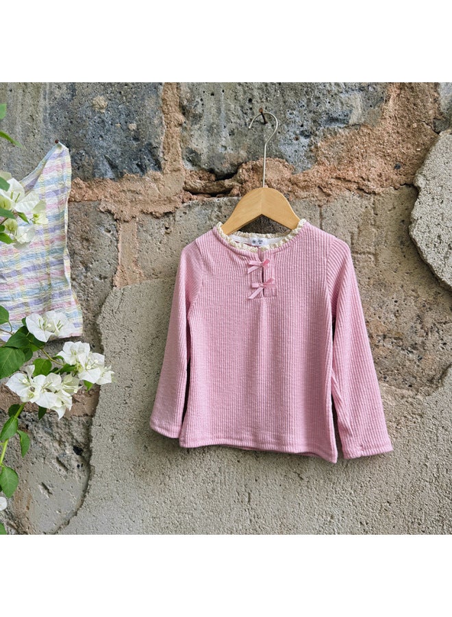 Baby Girl Korean Style Lace Collar Long Sleeve Ribbed T-shirt Spring Autumn New Girls Lace Bow Base Layer