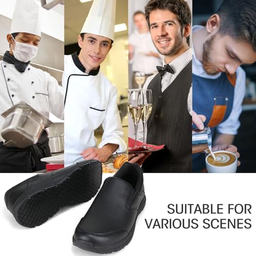 Jacata Non Slip Work Shoes for Men, Water Resistant Leather Mens Food Service Chef Shoes, Slip on Restaurant Kitchen Sneakers (Size 8.5) Black - Image 2