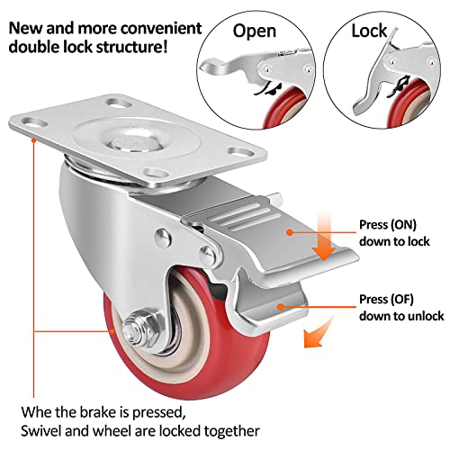 TABKEER 3 Inch Industrial Heavy Duty Swivel Caster Wheels with Brake,Set of 4 Safety Locking Casters,Load 1600lbs,Premium Polyurethane Wheels for Table,Trailer,Saw Table,Stage Toolbox,Bed,Corn Board - Image 2