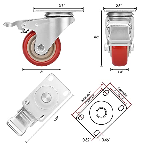 TABKEER 3 Inch Industrial Heavy Duty Swivel Caster Wheels with Brake,Set of 4 Safety Locking Casters,Load 1600lbs,Premium Polyurethane Wheels for Table,Trailer,Saw Table,Stage Toolbox,Bed,Corn Board - Image 4