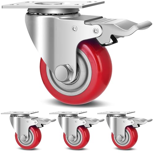TABKEER 3 Inch Industrial Heavy Duty Swivel Caster Wheels with Brake,Set of 4 Safety Locking Casters,Load 1600lbs,Premium Polyurethane Wheels for Table,Trailer,Saw Table,Stage Toolbox,Bed,Corn Board - Image 1
