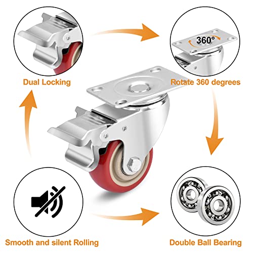 TABKEER 3 Inch Industrial Heavy Duty Swivel Caster Wheels with Brake,Set of 4 Safety Locking Casters,Load 1600lbs,Premium Polyurethane Wheels for Table,Trailer,Saw Table,Stage Toolbox,Bed,Corn Board - Image 3