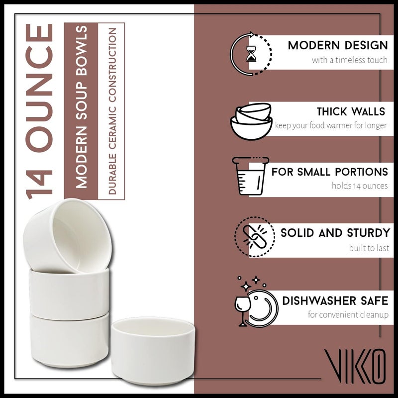 Vikko Modern Soup Bowls Set of 6 Matte White Porcelain Bowls Stackable 14 oz Elegant Restaurant Style Soup Bowl Set Microwave and Dishwasher Safe - Image 3