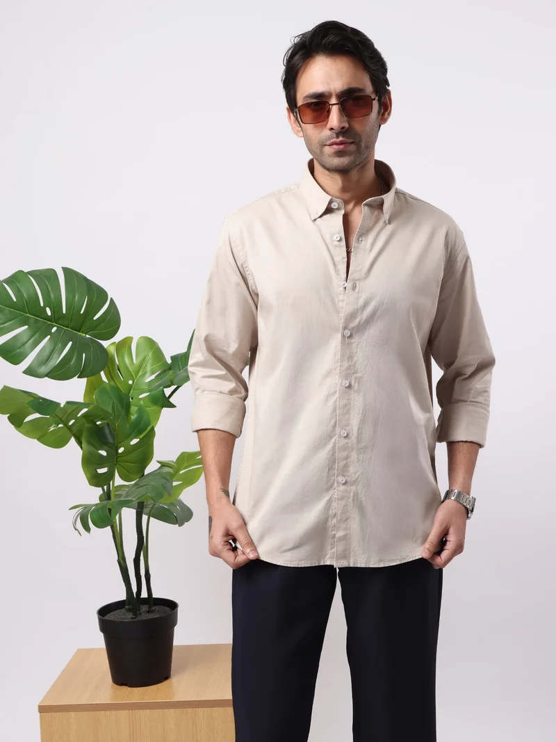 مانياك Maniac Mens Solid Collared Neck Full Sleeve Soft Twill Fabric Biscuit Shirt
