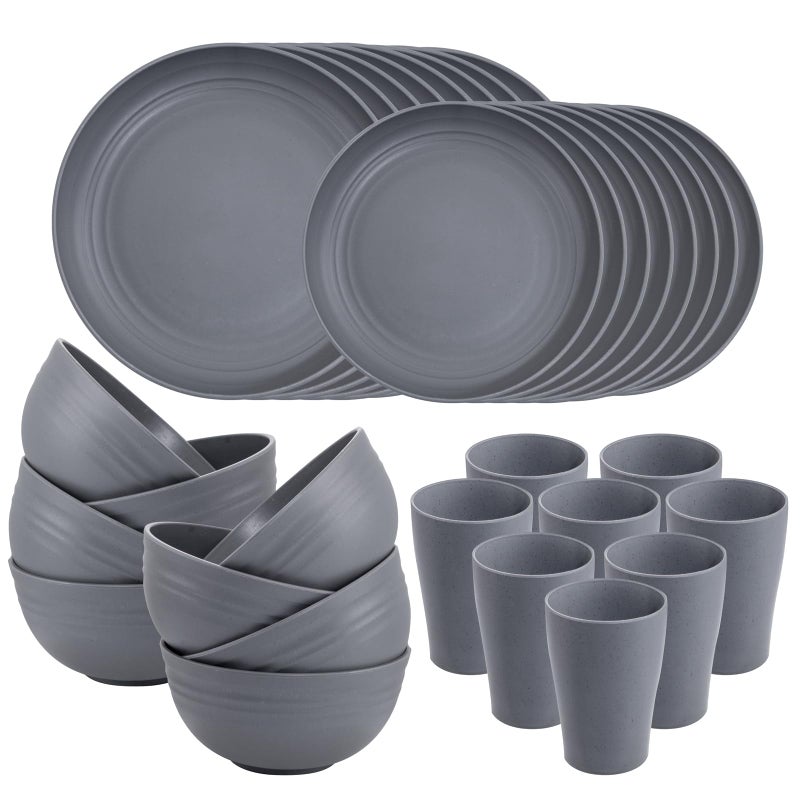 Supernal 32pcs Wheat Straw Dinnerware SetsUnbreakable Dinnerware Sets for 8Reusable TablewareDishes Set for 8Plates and Bowls Set Dark Grey Include16pcs Plates 8pcs Bowls 8pcs Cups