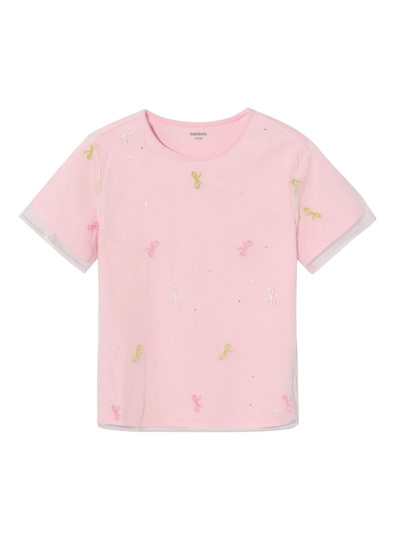 بالابالا Kids Girl Round v-neck short-sleeved T-shirt