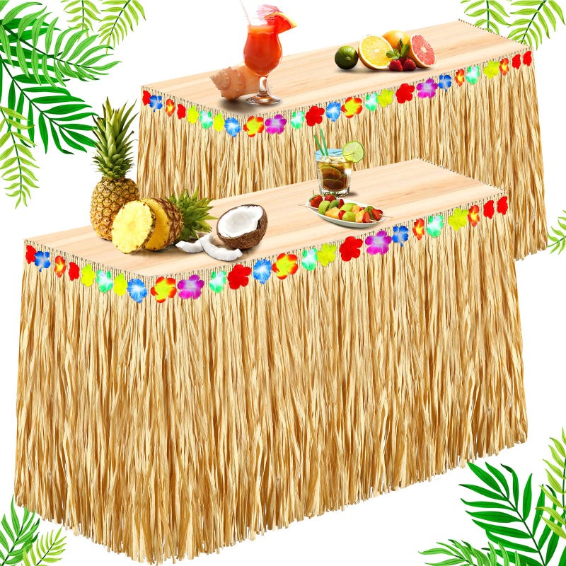 Lauwell Lauwell 2 Pack Hawaiian Luau Grass Table Skirt with Hibiscus Flowers 9 Feet x 30 Inch Hawaiian Luau Party Decorations Tiki Bar Decoration for Summer Beach Tropical Birthday Party Supplies Decorations 