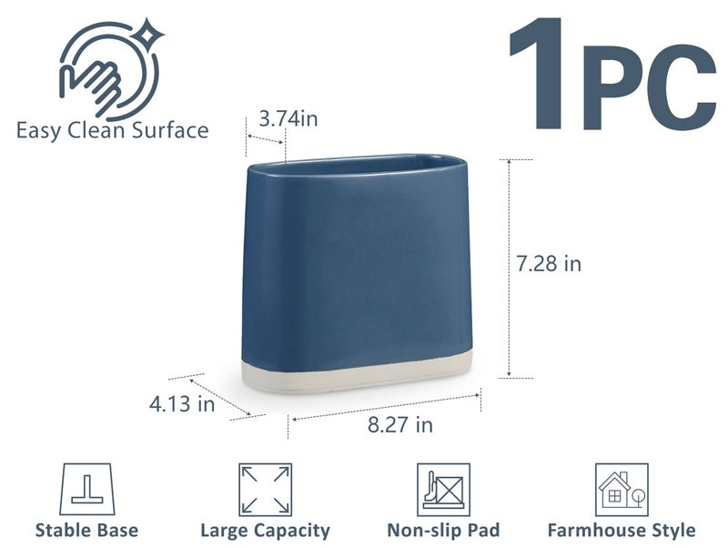 ONEMORE Ceramic Utensil Crock  Large Kitchen Utensil Holder for Countertop  Farmhouse Cooking Utensil Organizer with Cork Mat for Kitchen Counter  Oval Utensil Storage Caddy for Spatula  Blue - Image 2