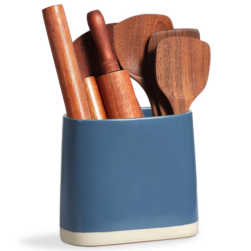 ONEMORE Ceramic Utensil Crock  Large Kitchen Utensil Holder for Countertop  Farmhouse Cooking Utensil Organizer with Cork Mat for Kitchen Counter  Oval Utensil Storage Caddy for Spatula  Blue - Image 1