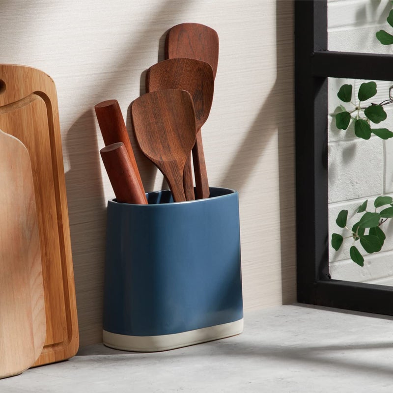 ONEMORE Ceramic Utensil Crock  Large Kitchen Utensil Holder for Countertop  Farmhouse Cooking Utensil Organizer with Cork Mat for Kitchen Counter  Oval Utensil Storage Caddy for Spatula  Blue - Image 3