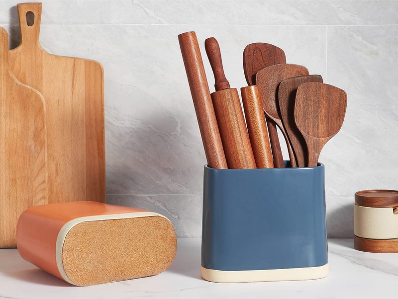 ONEMORE Ceramic Utensil Crock  Large Kitchen Utensil Holder for Countertop  Farmhouse Cooking Utensil Organizer with Cork Mat for Kitchen Counter  Oval Utensil Storage Caddy for Spatula  Blue - Image 4
