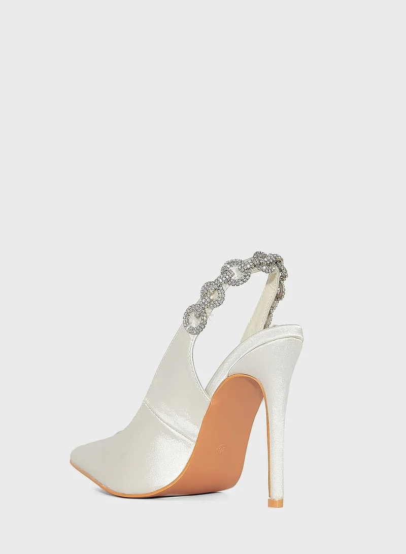 Ella Limited Edition Satin Jewelled Slingback Pointed Pump Ivory