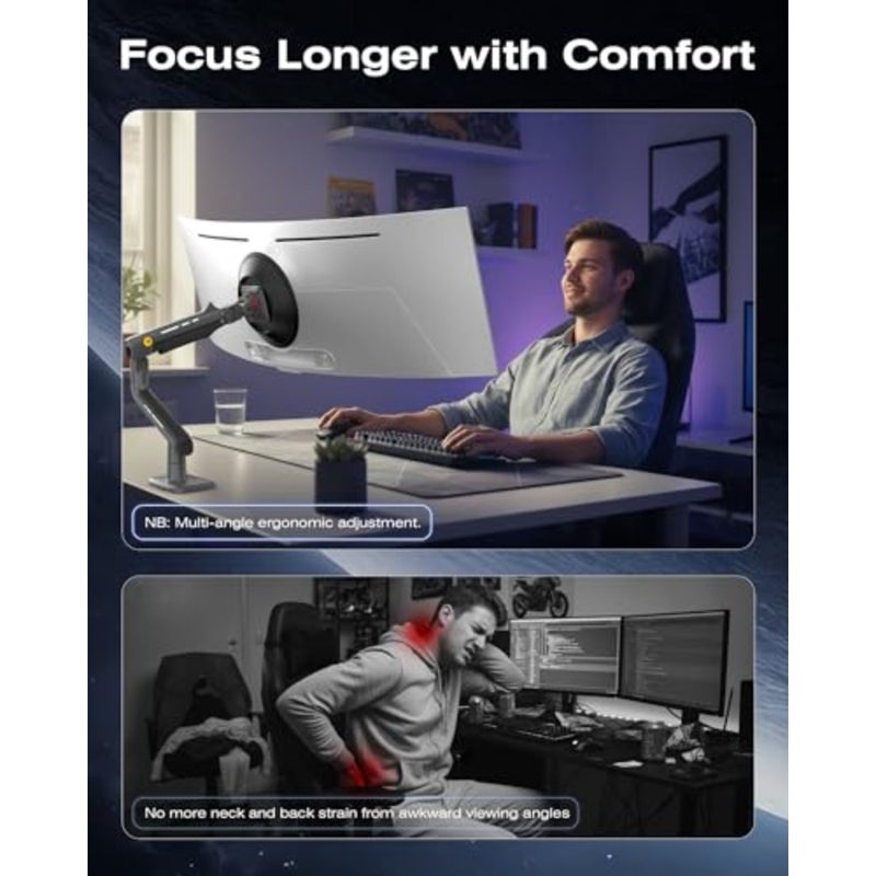 Gaming Monitor Arm for Flat/Ultrawide/Curved Monitors 32 to 60 inch, Heavy Duty Monitor Stand Load up to 20 kg, VESA 75/100 mm Mount Grey Black F5-G - Image 4