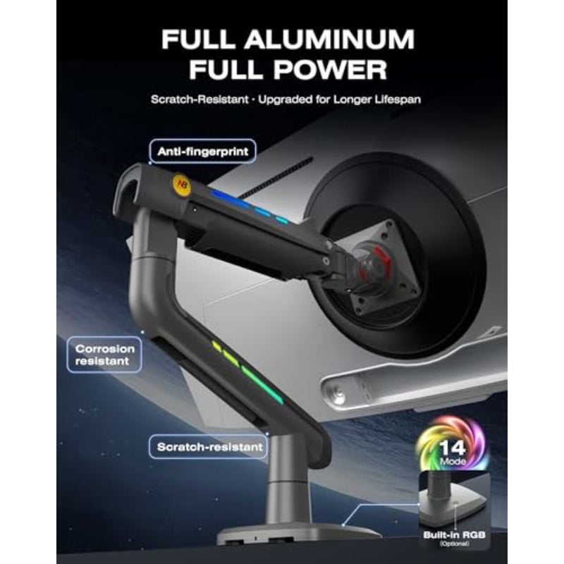 Gaming Monitor Arm for Flat/Ultrawide/Curved Monitors 32 to 60 inch, Heavy Duty Monitor Stand Load up to 20 kg, VESA 75/100 mm Mount Grey Black F5-G - Image 3