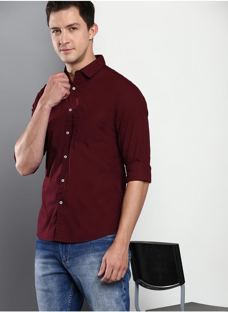 Dennis Lingo - Men's Slim Fit Solid Maroon Casual Spread Collar Shirt - 100% Cotton - Image 1