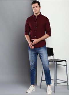 Dennis Lingo Men's Slim Fit Solid Maroon Casual Spread Collar Shirt - 100% Cotton  - Image 5