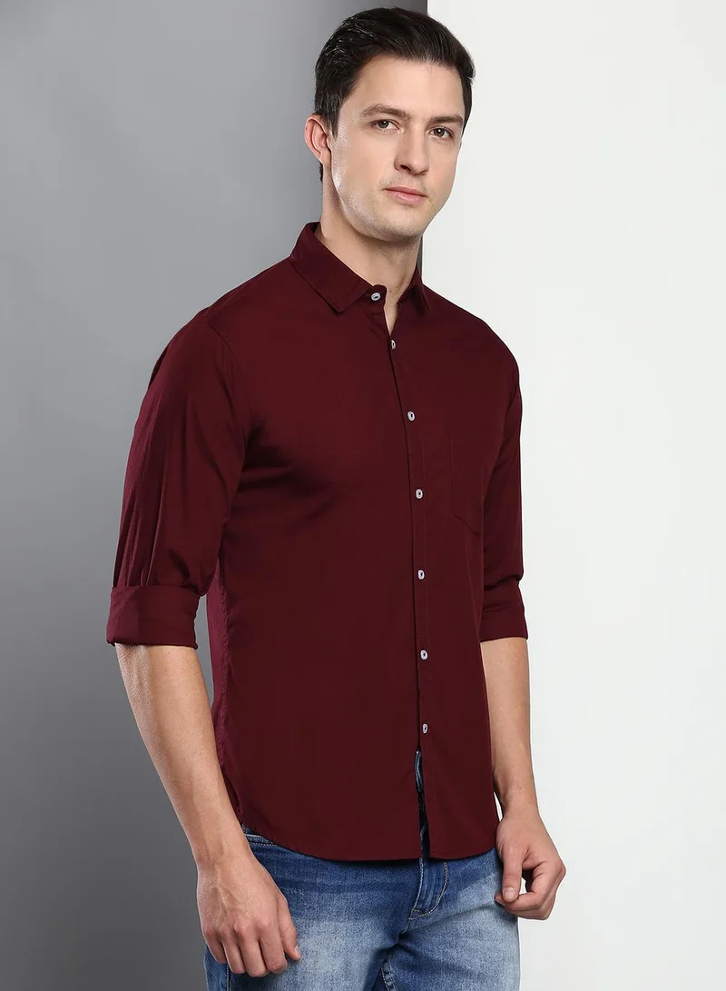 Dennis Lingo Men's Slim Fit Solid Maroon Casual Spread Collar Shirt - 100% Cotton