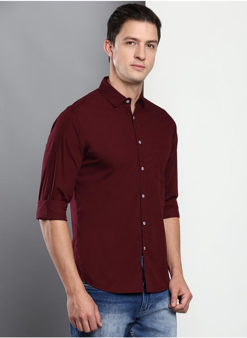 Dennis Lingo - Men's Slim Fit Solid Maroon Casual Spread Collar Shirt - 100% Cotton - Image 1