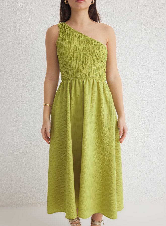 trendyol Oil Green Skirt Opening at Waist Gipel Midi Woven Dress - Image 3