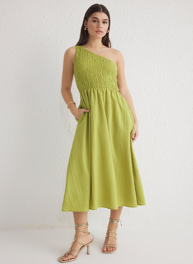 trendyol Oil Green Skirt Opening at Waist Gipel Midi Woven Dress - Image 1