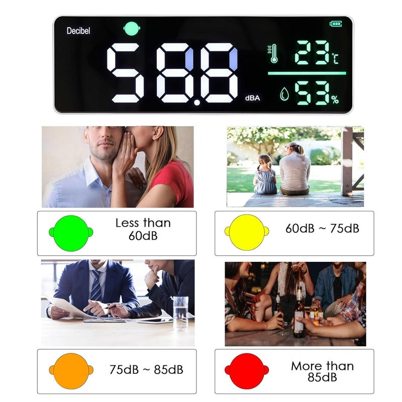 مقياس مستوى الصوت ABS مع مستشعر درجة الحرارة والرطوبة، شاشة كبيرة، قابل للتركيب على الحائط - Image 3