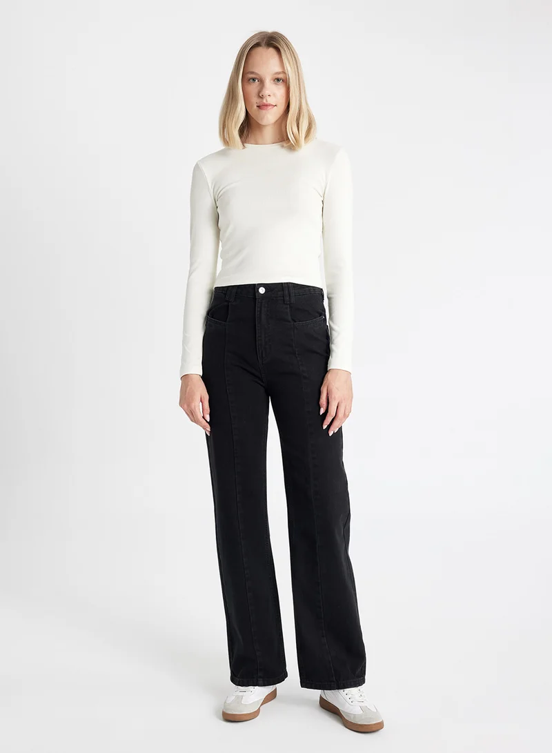 DeFacto Fitted Crew Neck Ribbed Basic Plain Long Sleeve T-Shirt