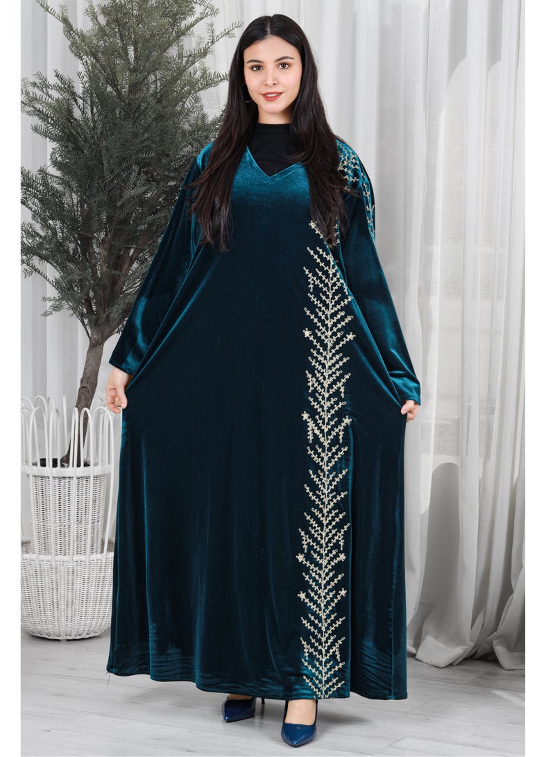 MyesuQ Blue velvet galabiya decorated with gold embroidery - Image 1