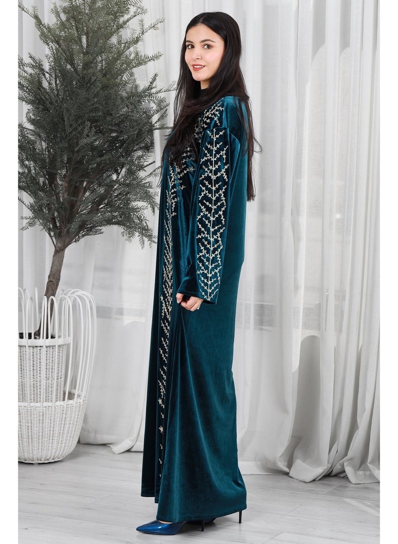 MyesuQ Blue velvet galabiya decorated with gold embroidery - Image 2