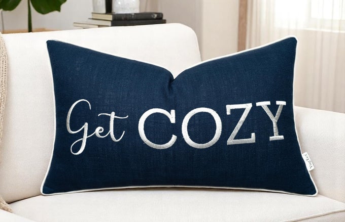 ROMANTIC COUPLE LOVE SENTIMENT EMBROIDERED DECORATIVE SAYINGS LUMBAR ACCENT THROW PILLOWCASE GET COZY PHRASE DECOR FOR WEDDING ANNIVERSARY VALENTINE 12X20 INCHES NAVY BLUE