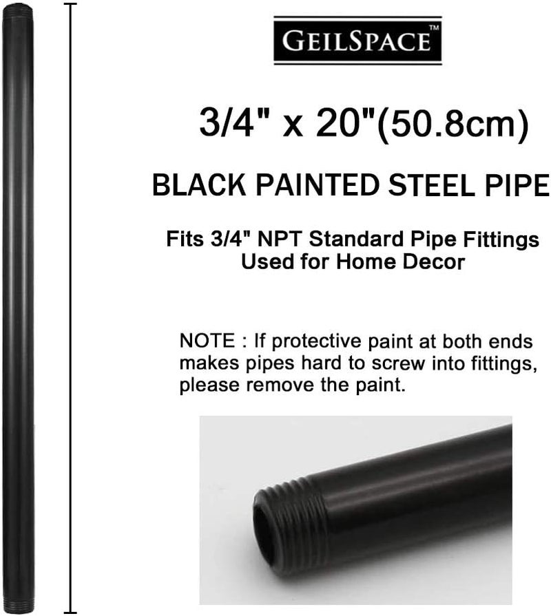 GeilSpace 6 Pack 3/4" × 20" Pre-Cut Black Metal Pipe, Industrial Steel Fits Standard Three Quarters Inch Black Threaded Pipes and Fittings - Vintage DIY Industrial Shelving (3/4" × 20") - Image 2