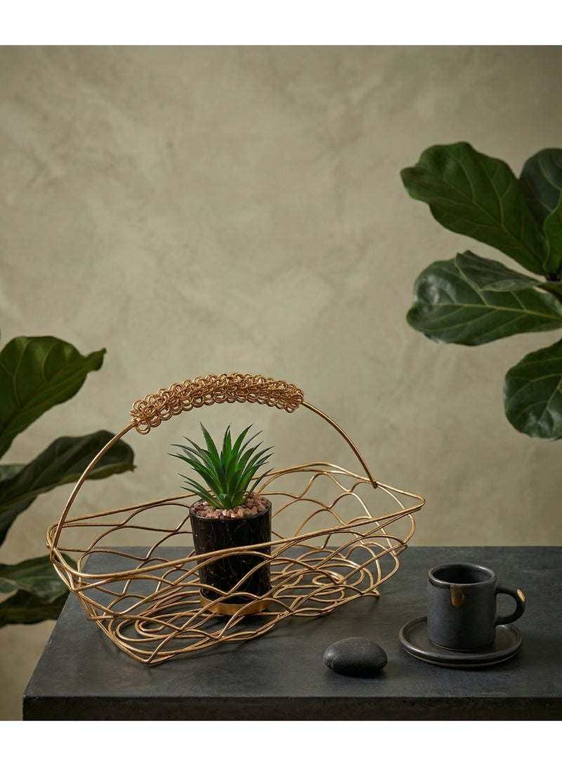 طقم "آرتيزان" الذهبي مع نبات الصبار – سلة سلكية مشغولة يدوياً مع نبتة صناعية فاخرة - Image 2